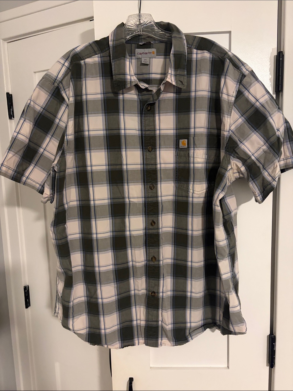 Carhartt Olive Green and White Plaid Short-Sleeve Button-Down Shirt